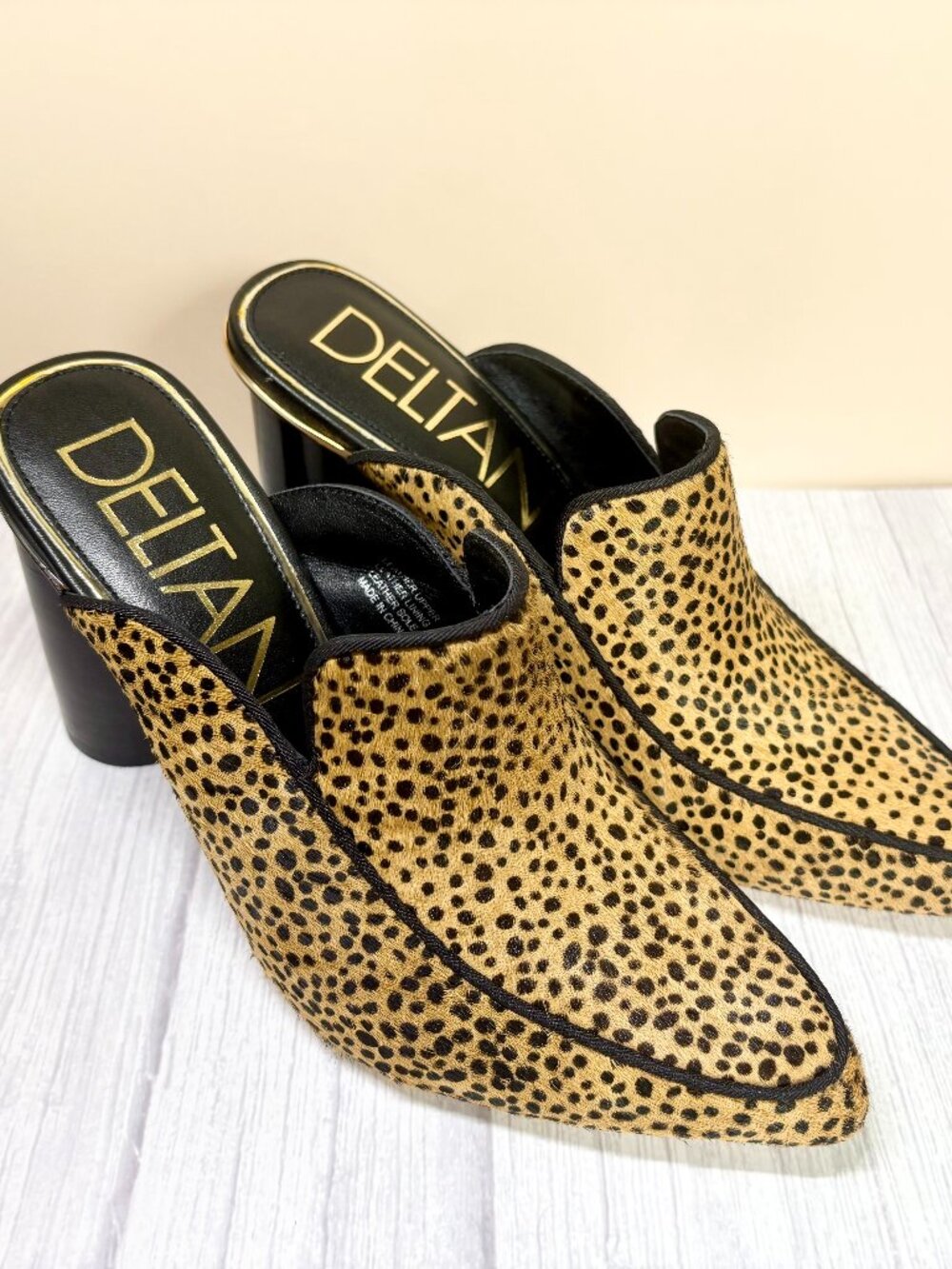 Deltan Leopard Print Calf Fur Heel Mules New w/ Box Size 7